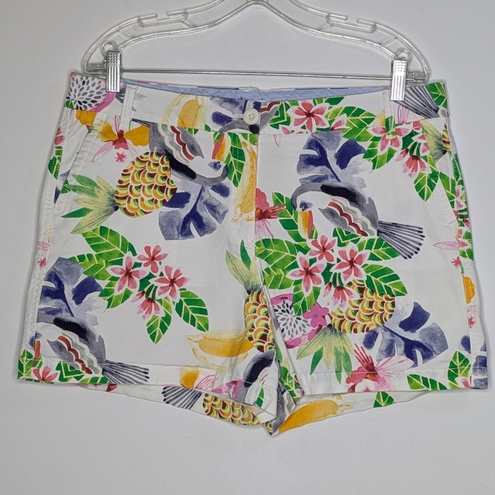 Crown & Ivy White Green Tropical Pineapple Cotton Blend Shorts 14